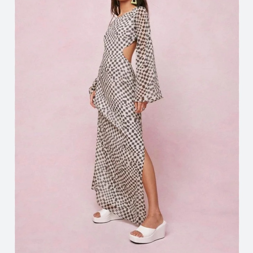 Nasty Gal Checkerboard Print Open Back Black and White Maxi Dress - Picture 1 of 5